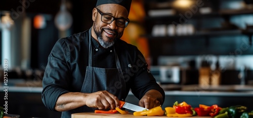 Professional chef preparing vegetables in a restaurant kitchen with precision and a smile, creating healthy and delicious meals photo