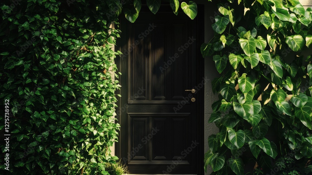 Black Door Framed by Lush Greenery - A Tranquil Exterior Scene Black Door Framed by Lush Greenery - A Tranquil Exterior Scene
