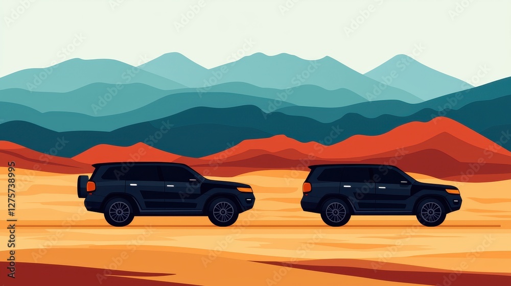 Obraz premium Two Black SUVs Driving Through Desert Landscape Under Mountains