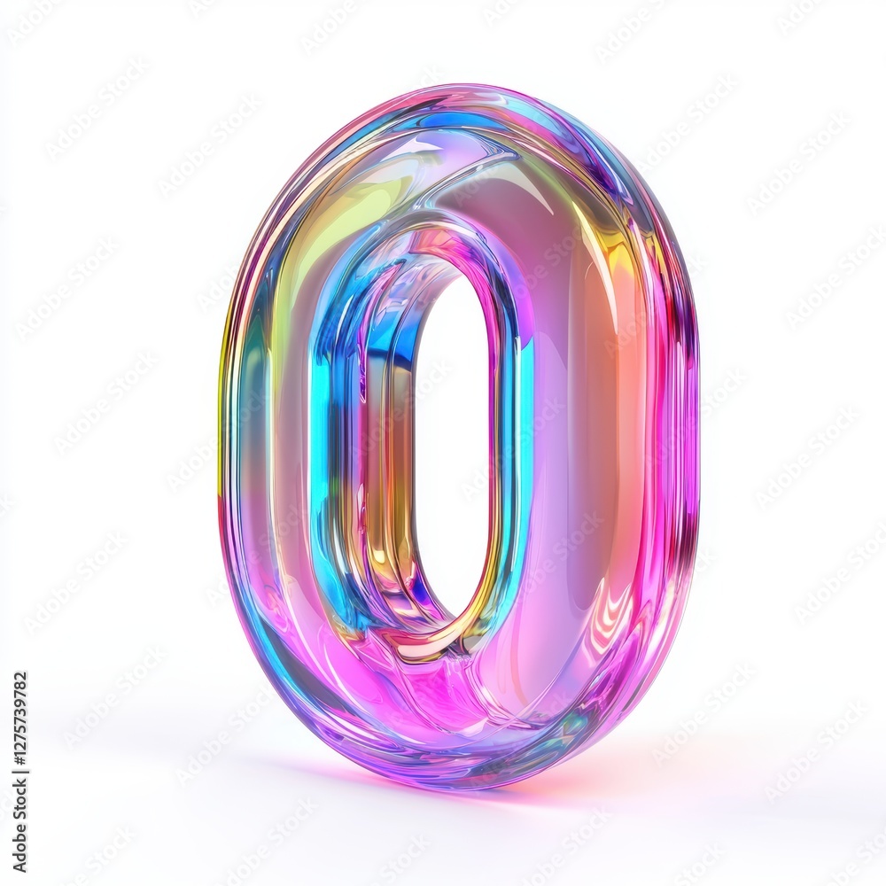 Number 0 made of transparent holographic glass with rainbow reflections isolated on a clean white background Number 0 made of transparent holographic glass with rainbow reflections isolated on a clean white background