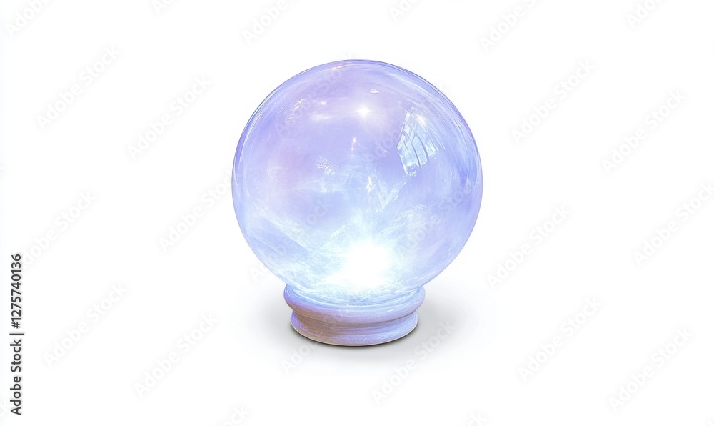 A crystal ball emitting a soft glow, placed on a white surface with a serene ambiance A crystal ball emitting a soft glow, placed on a white surface with a serene ambiance