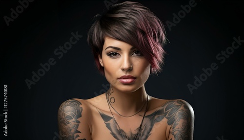 studio portrait of a brunette short haired tattoed model with nude shoulders on a black background