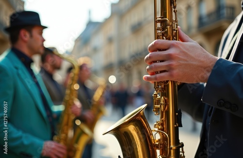 Saxophonists play jazz music on city street. Musicians perform concert with golden saxophones. Close-up on musical wind instrument in hands. Sax player band performs outdoor show. photo