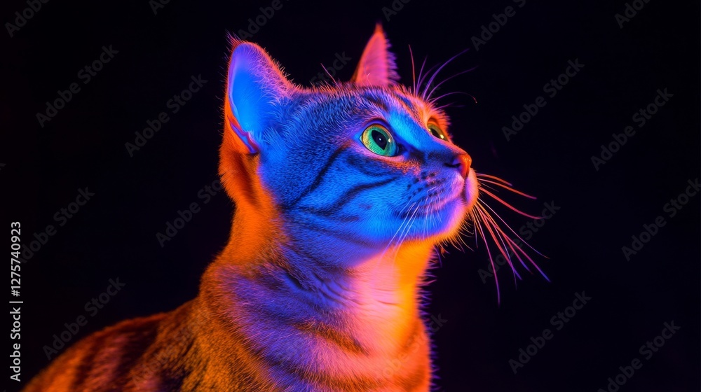 Mysterious Neon Cat Portrait: An Enthralling Image of a Tabby Cat Bathed in Lively Neon Tones Mysterious Neon Cat Portrait: An Enthralling Image of a Tabby Cat Bathed in Lively Neon Tones
