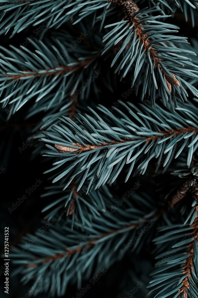 A close-up of a green pine tree branch serves as a beautiful Christmas background, complete with copy space and a trendy, moody dark tone, ideal for seasonal quotes, reminiscent of a vintage December A close-up of a green pine tree branch serves as a beautiful Christmas background, complete with copy space and a trendy, moody dark tone, ideal for seasonal quotes, reminiscent of a vintage December