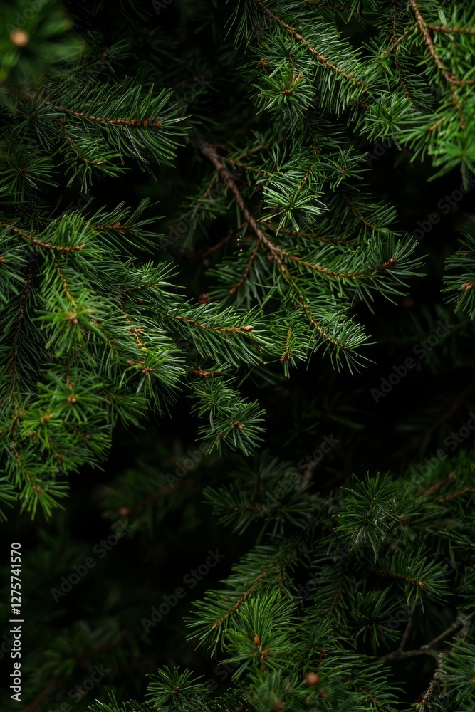 The beautiful Christmas background features a close-up of a green pine tree branch, accompanied by copy space and a dark, moody tone, perfect for adding seasonal quotes, evoking the feel of a vintage The beautiful Christmas background features a close-up of a green pine tree branch, accompanied by copy space and a dark, moody tone, perfect for adding seasonal quotes, evoking the feel of a vintage