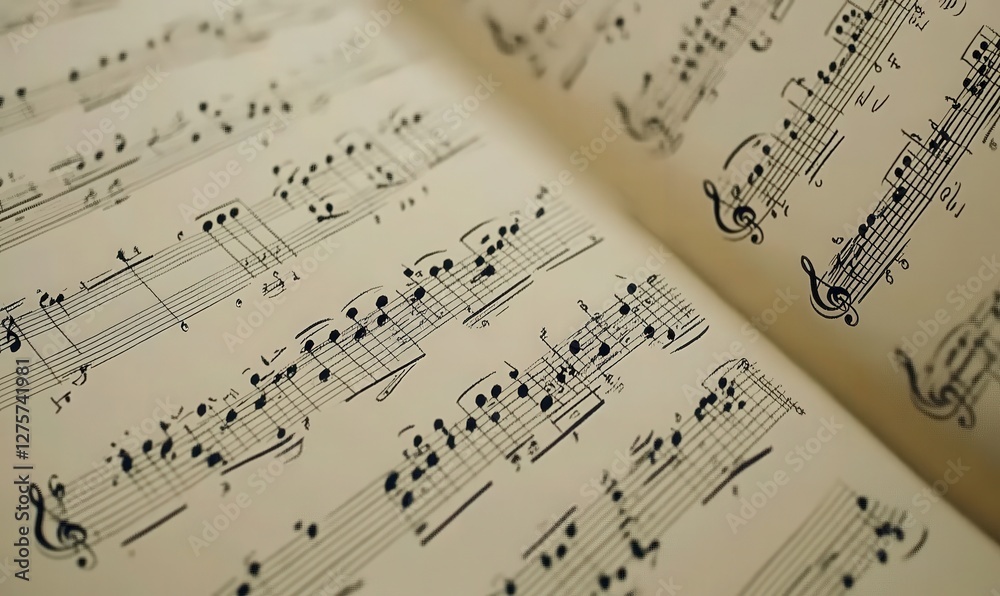 Open music book displays notes for musical performance and education Open music book displays notes for musical performance and education