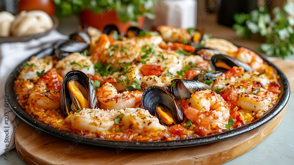 Delicious seafood paella with shrimp, mussels, and fish. Delicious seafood paella with shrimp, mussels, and fish.