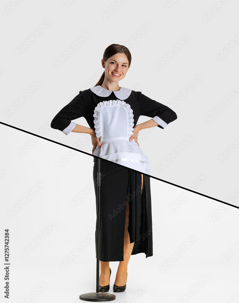 Collage. Cropped body parts. Young beautiful housemaid with female singer legs isolated over white background. Concept of creativity, business, occupation, lifestyle, hobby. Copy space for ad