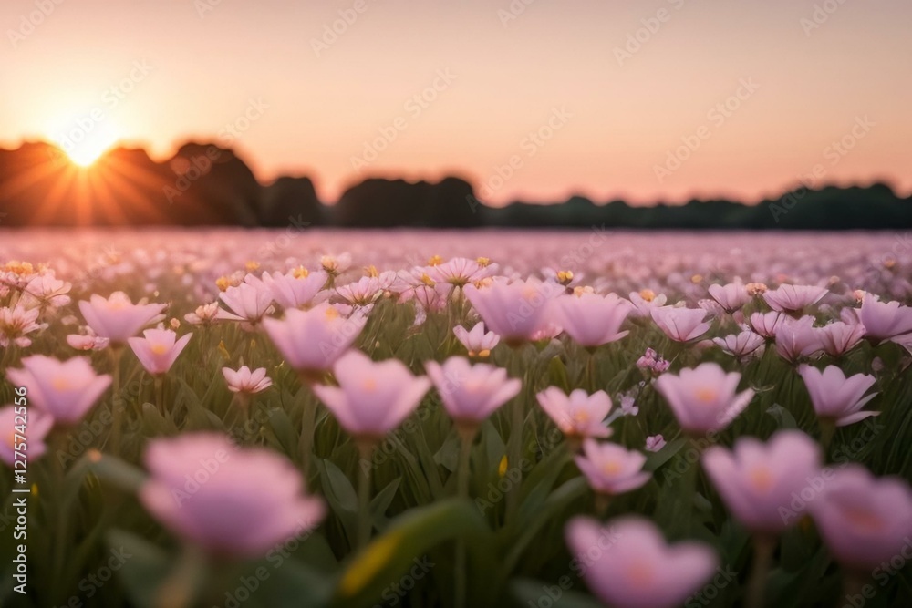 Obraz premium dreamy springtime orange cosmos flower field background, soft sunlight peaceful flower field