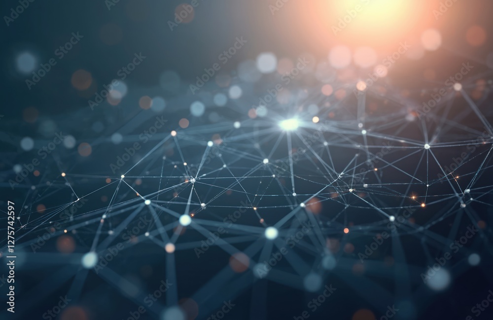 Obraz premium Illustration of abstract futuristic network with connected lines, dots on dark blue background. Polygonal space, low poly design for tech, cyberspace, connectivity concepts. Glowing illuminated