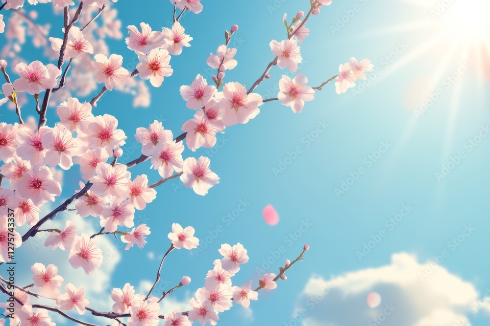 Sunny spring cherry blossoms, falling petals, blue sky, nature background, website header Sunny spring cherry blossoms, falling petals, blue sky, nature background, website header