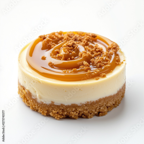 Mini caramel cheesecake with crunchy biscuit base and smooth vanilla cream filling topped with golden caramel sauce and cookie crumble isolated on white background