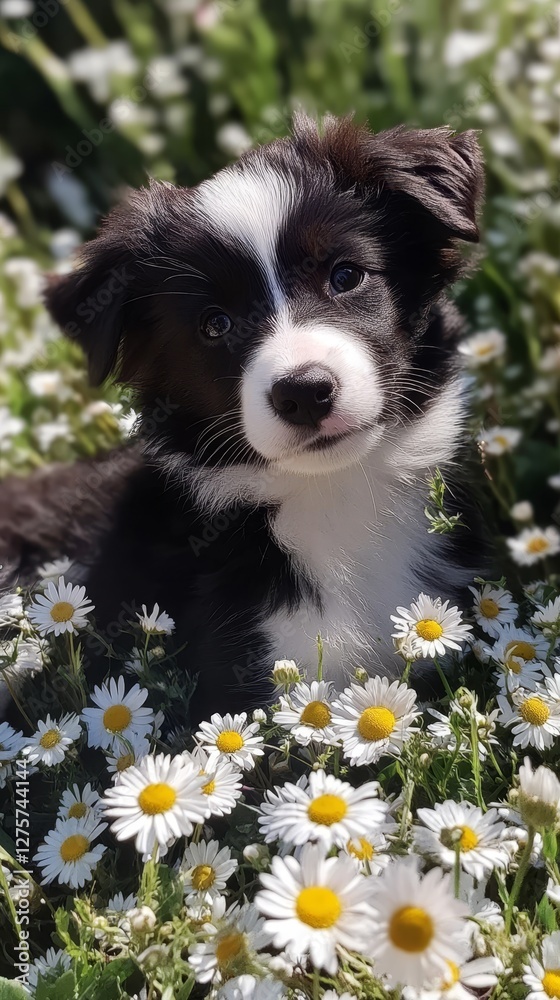 Adorable Border Collie Puppy in a Field of Flowers Adorable Border Collie Puppy in a Field of Flowers