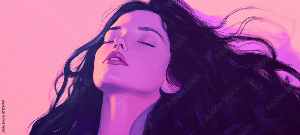 Beautiful serene woman with closed eyes, relaxing expression, glowing skin, and flowing hair on soft pink gradient background – elegant digital artwork for Women's Day with copy space for text Beautiful serene woman with closed eyes, relaxing expression, glowing skin, and flowing hair on soft pink gradient background – elegant digital artwork for Women's Day with copy space for text