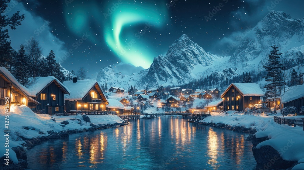 Naklejka premium Snowy village aurora borealis night landscape