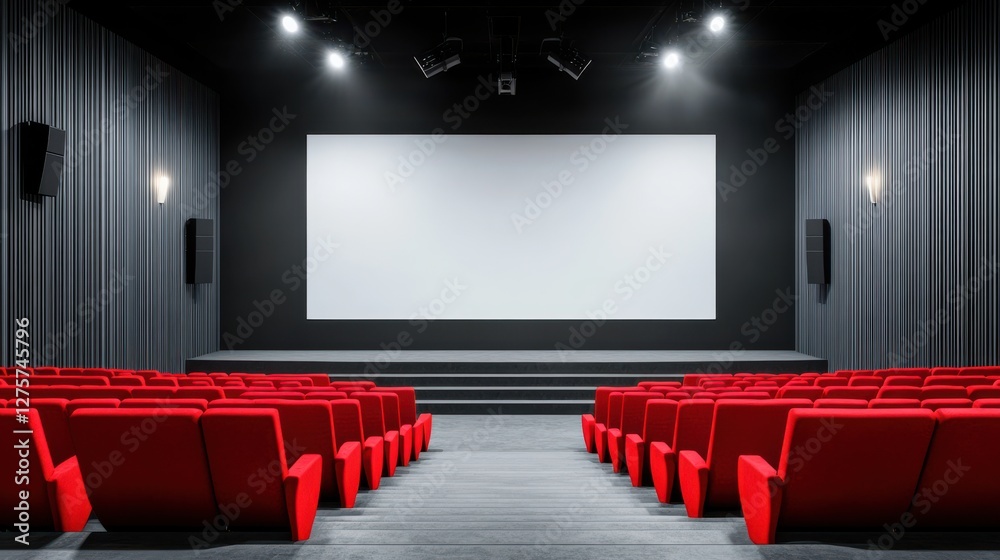 Fototapeta premium A sleek, modern cinema hall featuring red seating, a blank screen, and ambient lighting, ready for the next film screening.