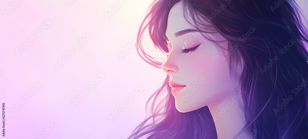 Beautiful serene woman with closed eyes, relaxing expression, glowing skin, and flowing hair on soft pink gradient background – elegant digital artwork for Women's Day with copy space for text Beautiful serene woman with closed eyes, relaxing expression, glowing skin, and flowing hair on soft pink gradient background – elegant digital artwork for Women's Day with copy space for text