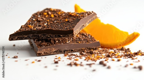 Close-up of rich chocolate bark topped with orange zest and pieces, showcasing a vibrant orange slice