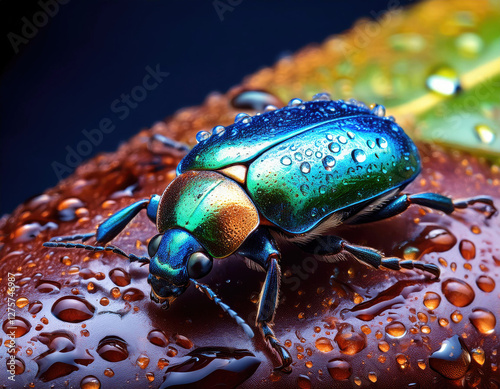 Beetle Covered in Tiny Water Droplets – A metallic-colored beetle reflecting light through tiny beads of water. photo