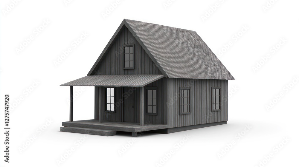 Gray cabin, porch, white background, 3D render, home design Gray cabin, porch, white background, 3D render, home design