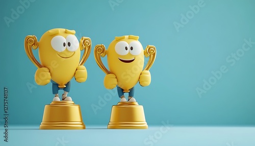 Happy trophy characters, award, blue background, success