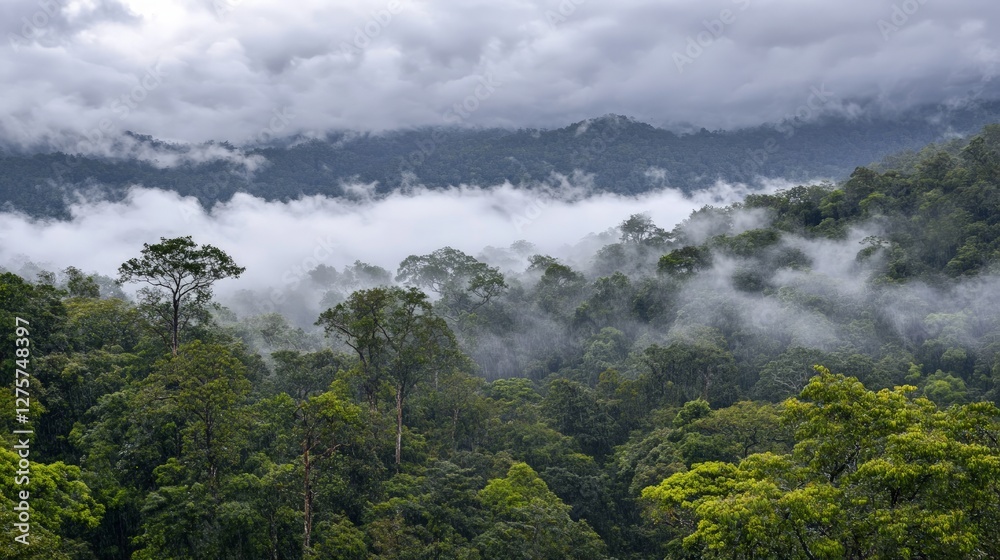 Obraz premium Majestic Lush Forest Landscape with Mist and Clouds in Background