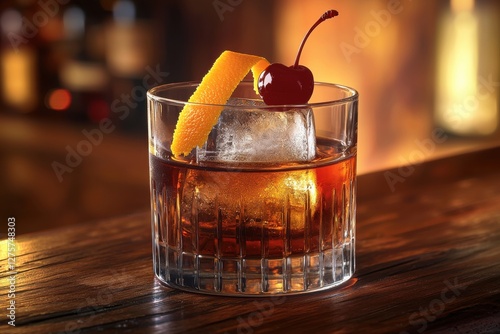 A close-up of a classic Old Fashioned cocktail with an orange peel and cherry, elegantly displayed on a dark wooden bar top with a blurred background ambiance. photo