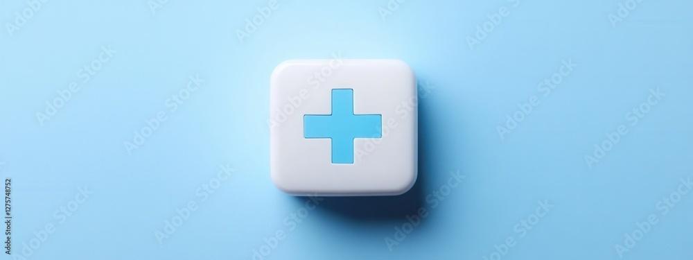 Fototapeta premium Modern Medical Cross Symbol 3D Render Healthcare App Icon Light Blue Background