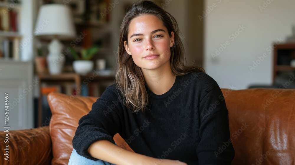Obraz premium Young woman with natural beauty sitting on a leather couch indoors
