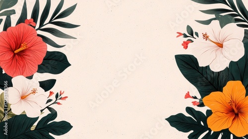 Vibrant Floral Border with Tropical Flowers and Green Leaves