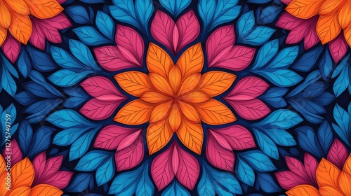 Vibrant Floral Pattern with Blue, Pink, and Orange Leaves in Symmetry