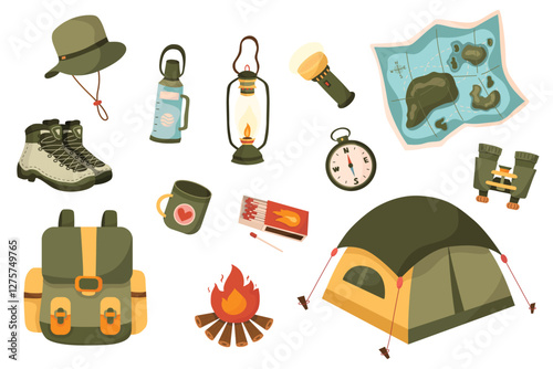 Collection of illustrations of hiking and camping, hiking boots, camping tent, backpack, hiking bag, hiking hat, match box etc.