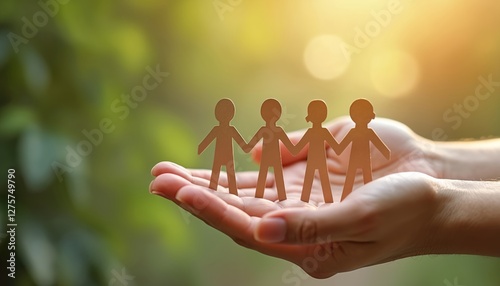 Close-up shot of paper people figures on human hands against green nature background. Team holding symbol of family, friendship, togetherness and social support.