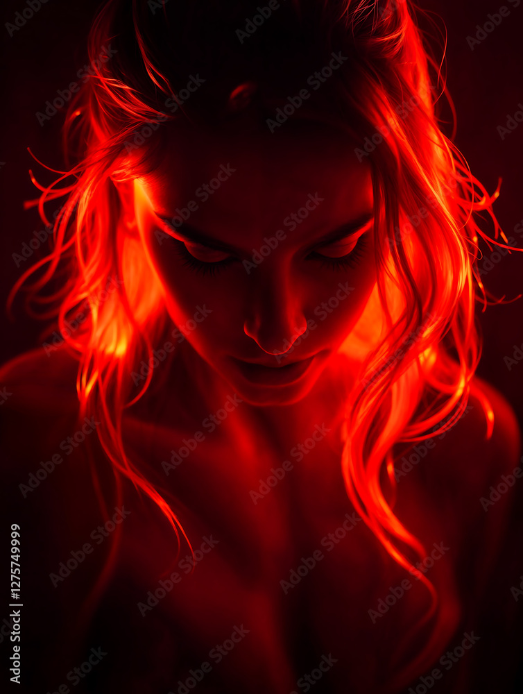 Emotions Depression - Demonic Portrait In Red Light Shows Tormented Soul With Downcast Expression Emotions Depression - Demonic Portrait In Red Light Shows Tormented Soul With Downcast Expression