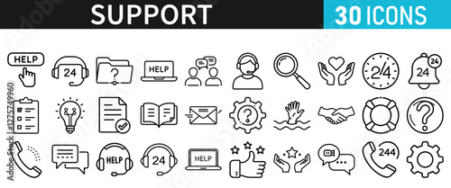 Service and Support set of web icons. Support and Help icons for web and mobile app inline style. Communication, online assistance, email, customer service, contact, help, feedback, 24 hrs, finding
