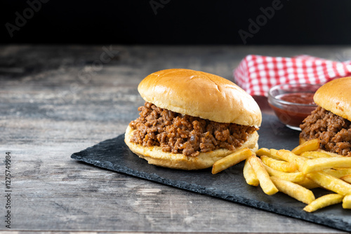 Obraz na płótnie Traditional sloppy joe sandwich with french fries on wooden table and black background
