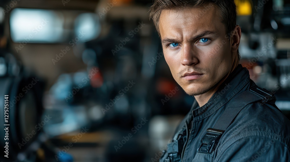 Confident Young Mechanic in a Busy Workshop Confident Young Mechanic in a Busy Workshop