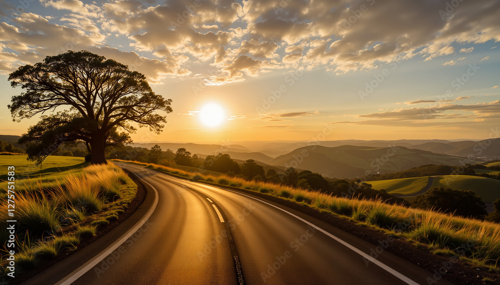 Obraz premium Scenic winding road at sunset, journey through nature's beauty