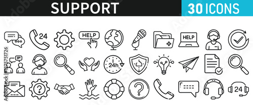 Service and Support set of web icons. Support and Help icons for web and mobile app inline style. Communication, online assistance, email, customer service, contact, help, feedback, 24 hrs, finding