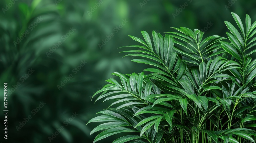 Fototapeta premium Lush Green Tropical Foliage with Soft Focus Background in Nature