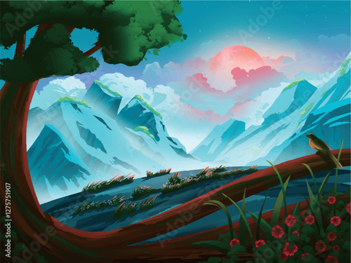 Illustration of a vibrant mountain landscape at twilight, featuring a large sun setting behind the peaks, a clear sky, and a bird perched on a branch.