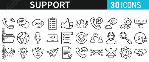 Service and Support set of web icons. Support and Help icons for web and mobile app inline style. Communication, online assistance, email, customer service, contact, help, feedback, 24 hrs, finding