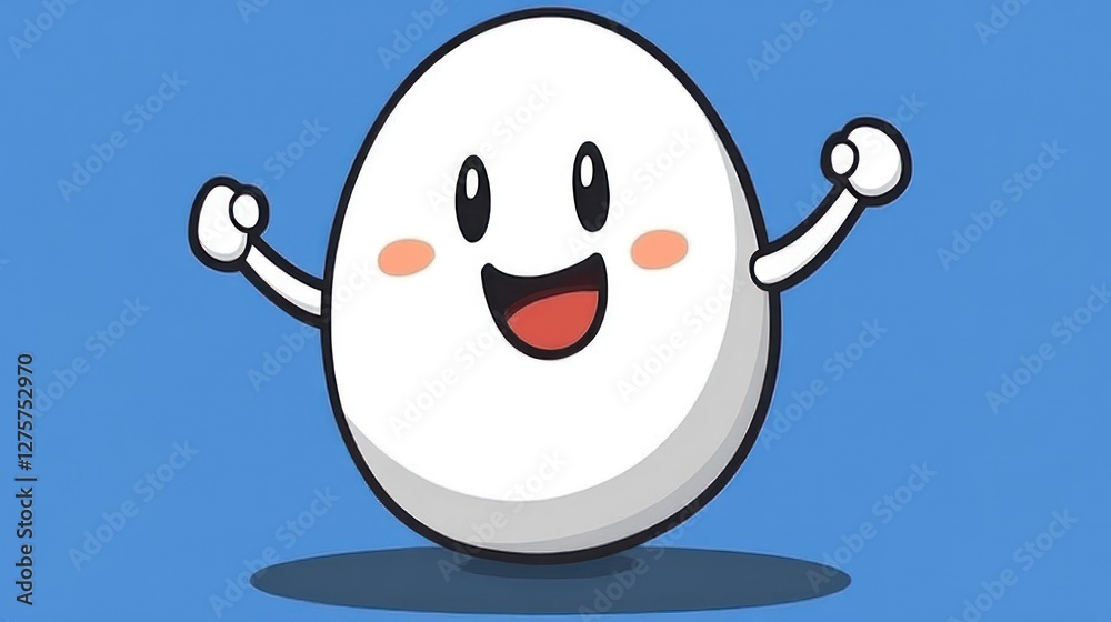 Happy cartoon egg celebrating, blue background, food mascot Happy cartoon egg celebrating, blue background, food mascot