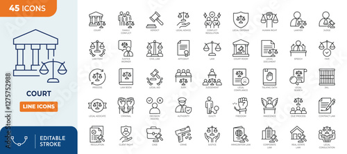 Court line editable Icons set. Containing Lawyer, judge, justice, and more. Vector illustration