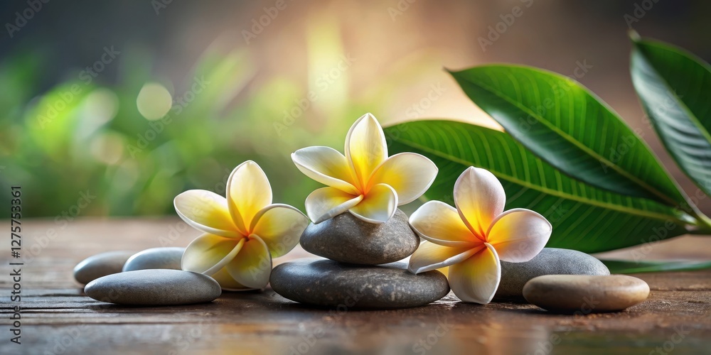 Soothing Frangipani Flower and Spa Stones Surrounding, calming, floral arrangement, calming, floral arrangement, beauty Soothing Frangipani Flower and Spa Stones Surrounding, calming, floral arrangement, calming, floral arrangement, beauty