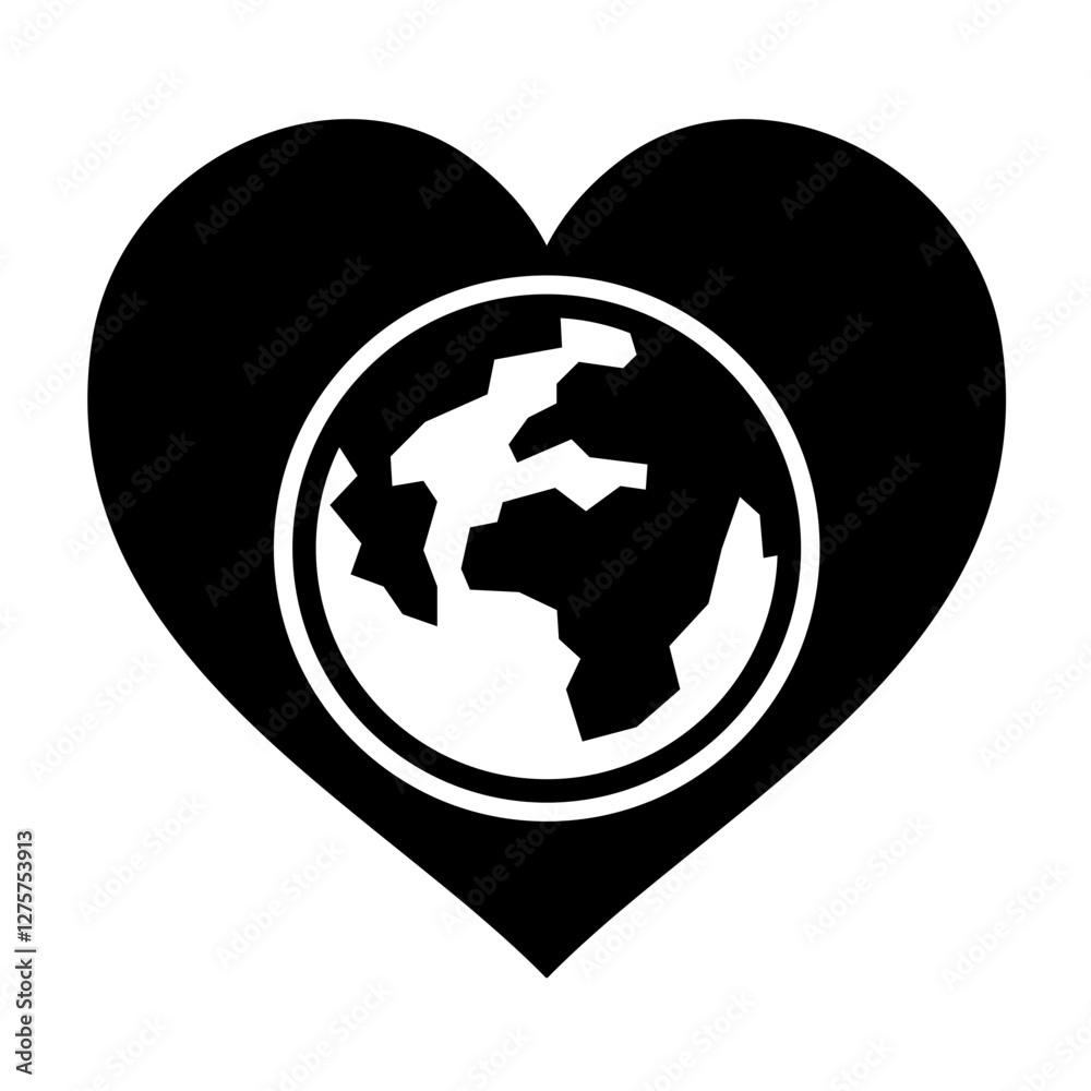 Love world flat icon vector, globe with heart, planet earth care, Vector illustration isolated on transparent background.