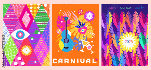 Carnival, masquerade, parade, festival, holiday music dance party template design set cards