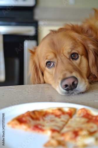 Hilarious dog sneaks away with a slice of pizza from the kitchen counter photo