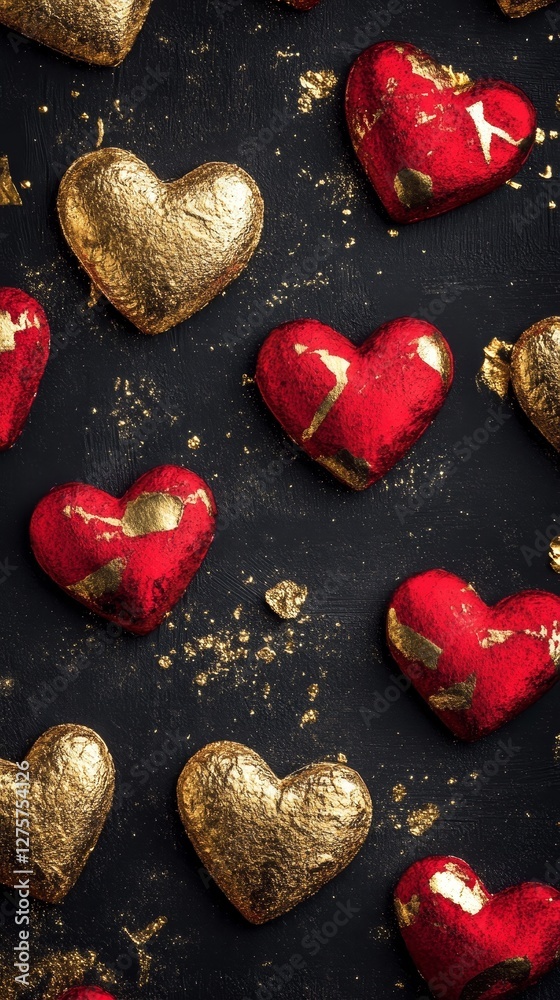 Fototapeta premium Golden and Red Hearts: A Romantic Dessert Art